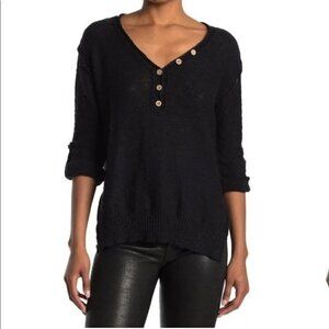 NWT Stitch Drop Black Knit Slub V-Neck Henley Sweater Top Sz M